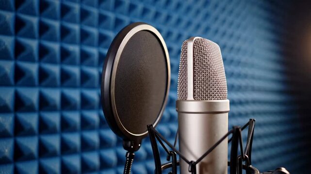 Professional recording equipment, including a condenser microphone and pop filter, standing in front of a blue acoustic foam wall in a soundproof booth for broadcast or music production