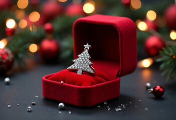 On the black table sits a red jewelry case, and inside the box is a silver ring shaped like a Christmas tree made of diamonds. This is a New Year's gift.