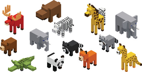 Large Voxel Isometric Wild Animal Vector Set: Pixel Art Collection of Blocky Creatures Including Giraffe, Elephant, Zebra, Moose, Panda, Bear, and Cheetah for Game Graphics.