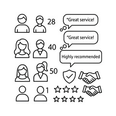 Customer feedback icon with people, stars, and speech bubbles