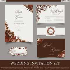 Modern Wedding Invitation set including Wedding Card, RSVP Card, Name-card, Thank you card, sticker with belly Band and Tag. Set of Five Invitation Card Templates in Fall colors with floral ornaments.