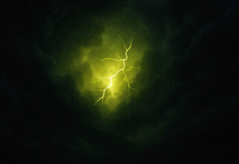 Vivid green and yellow nebula illuminated by a jagged electric discharge across a dark starry backdrop, depicting a dramatic interstellar storm and celestial energy in space