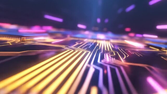 Abstract digital circuit board design with futuristic neon lighting