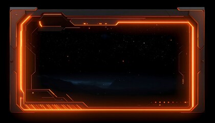 Glowing orange tech frame around a landscape view of mountains and stars against a black background