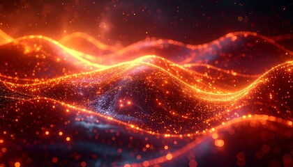 Glowing orange wave-like patterns on a dark background with bokeh and blurred elements