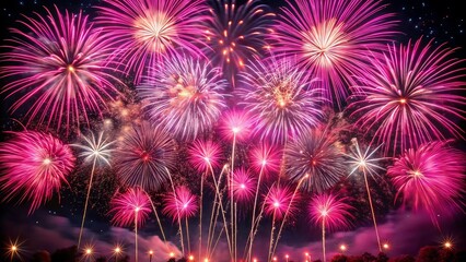 Vibrant pink fireworks exploding in the night sky celebration