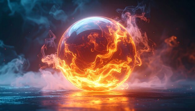 Glowing orb surrounded by wispy smoke with orange/red fiery center on a dark textured surface