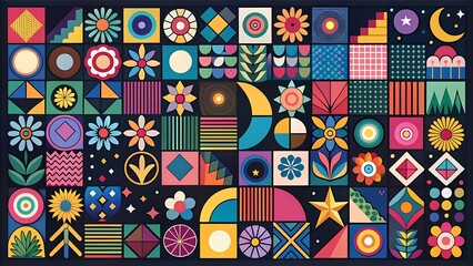 Vibrant geometric abstract pattern with retro inspired shapes and colors