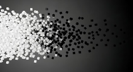 “Black and white falling dots abstract background, particle dispersion design, modern minimal texture.