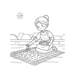 Woman Sun-Drying Grain or Seeds on Rooftop - Traditional Food Preservation Line Art.eps