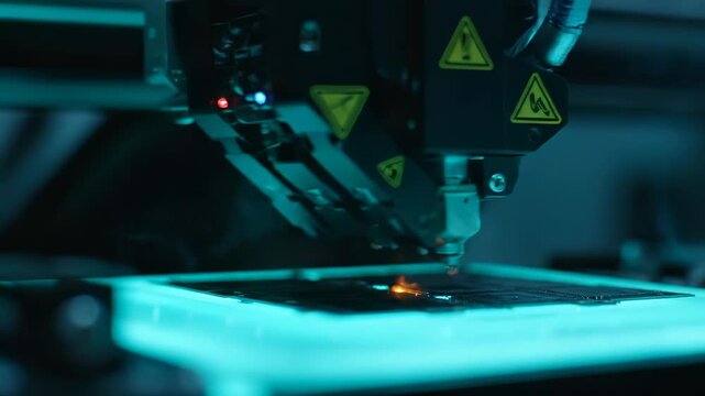 Laser cutting machine slices circuit board fast. Bright laser melts material with precision. Robot and cnc head guide process. Manufacturing automation boosts production efficiency and repeatability.