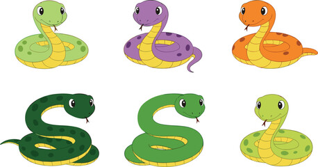 Fototapeta premium Cute Cartoon Snakes Vector Set: Colorful Serpent Characters Coiled in Various Poses, Ideal for Childish Designs, Wildlife, and Reptile-Themed Illustrations