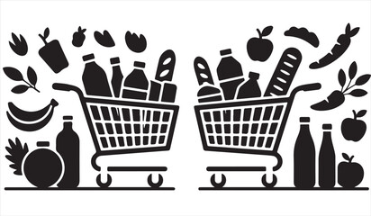 Black and white grocery cart silhouette filled with assorted food items