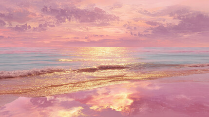 Romantic pink beach at sunset with glowing golden sea, soft sandy shore and serene waves isolated on white background