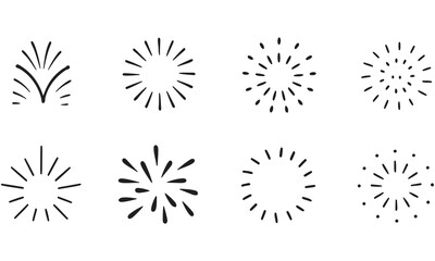 Hand Drawn Firework Doodles: Black White Starburst Icons, Minimal Sparkle Graphics