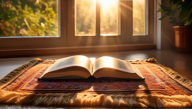a book lies open on a rug illuminated by warm sunlight filtering through a window