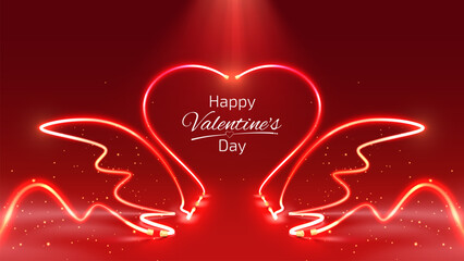 Stage scene with golden neon heart frame decorated with glowing wings and bokeh. Luxury red background. Perfect for Valentine's Day product promotion template.