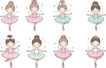 Cute Ballerina Vector Set: Adorable Cartoon Dancers with Tutus and Sparkles in Various Poses, Perfect for Childish Designs, Ballet, Dance, and Fairy Tale Themes.