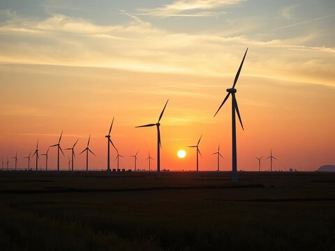 Wind turbines spinning in a vast, open field at sunset, symbolizing green power and environmental harmony,  sustainable,  energy