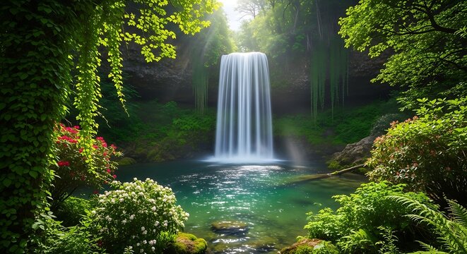 Lush green forest waterfall with sunlight rays