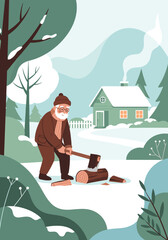 Elderly man chopping wood, focused, standing in winter landscape, log cabin