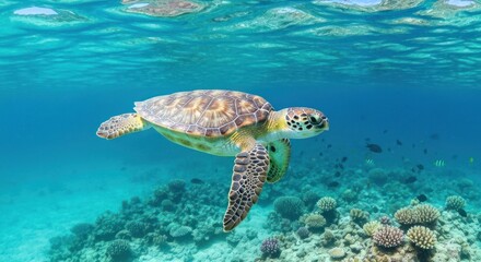 Sea turtle swimming over vibrant coral reef