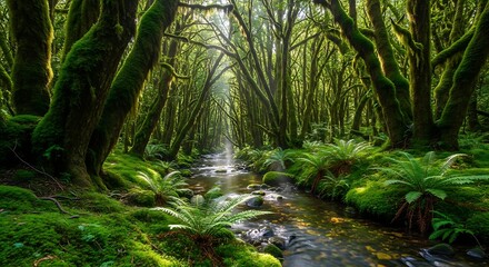 Obraz premium Lush green forest with winding stream and moss