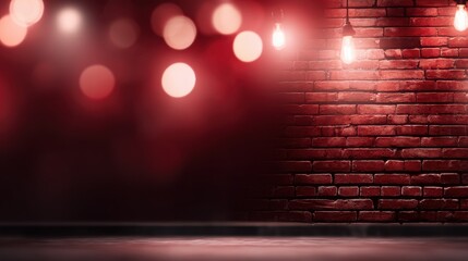 A dark red brick wall with hanging light bulbs and warm bokeh, a moody, empty stage or atmospheric venue background, red background
