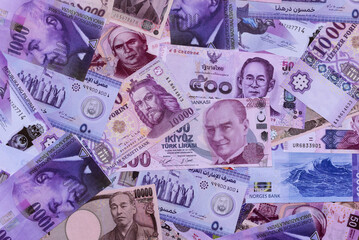 Money background, currency exchange, paper banknotes from different countries. Money cash currency