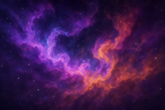 Amazing cosmic nebula clouds in deep space glowing in purple and orange illuminated by countless twinkling distant stars universe background
