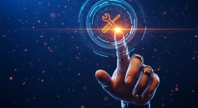 Digital Repair Interface: Futuristic Tool Icon Touch Technology.