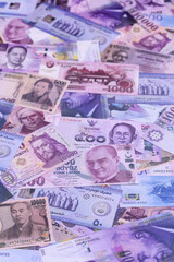Money background, currency exchange, paper banknotes from different countries. Money cash currency