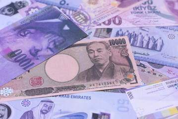 Money background, currency exchange, paper banknotes from different countries. Money cash currency