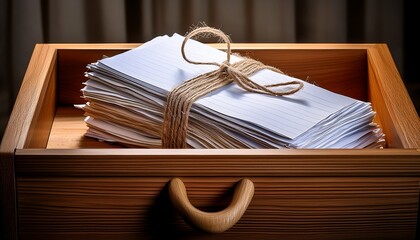 neatly tied papers in a wooden drawer showcasing an organized workspace