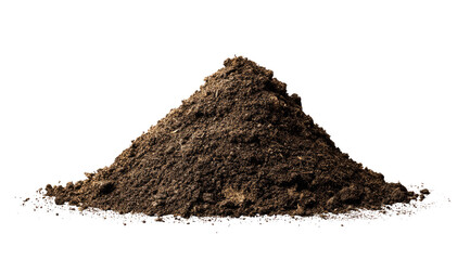 A conical pile of dark brown soil against a black background.  The soil appears dry and loose, with a slightly textured surface