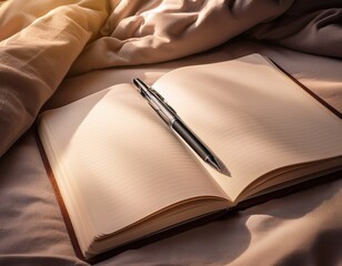 open notebook and pen resting on a bed inviting creativity and reflection