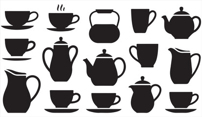 Tea and coffee pot silhouette collection with cups and mugs in vector style