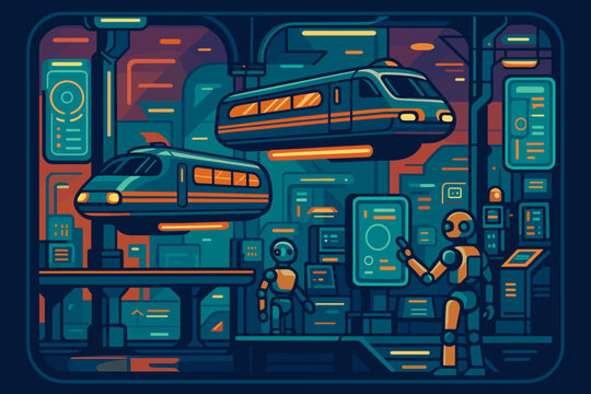 No shapes characters icon cyberpunk fusion chinese hub labels levitating vector transport