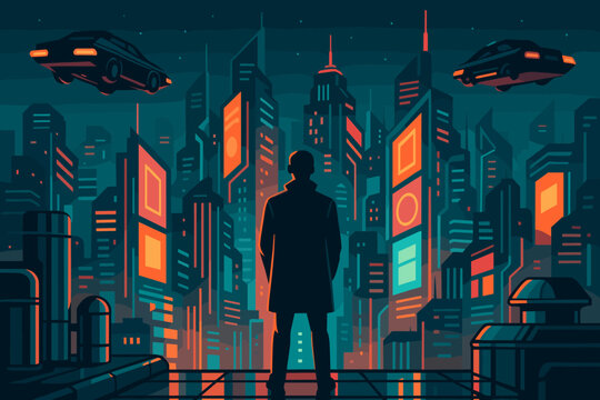 Vector no balanced marks cityscape view style rooftop cyberpunk neon chinese colors