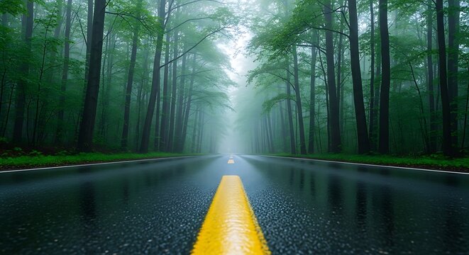 Straight road through misty green forest