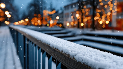 Snow covered wooden balcony rail with warm bokeh lights and falling snow creating cozy winter evening atmosphere