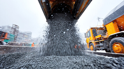 Concrete aggregate pouring from truck chute into form on snowy construction site with worker and mixer truck visible