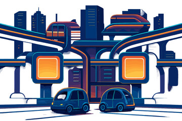 No futuristic vector typography transport hub advanced shapes fusion characters connecting icon