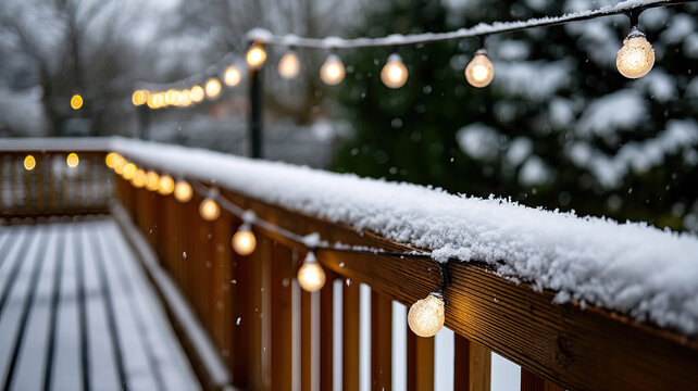 Snow covered wooden balcony rail with warm glowing string lights hanging during gentle snowfall, cozy winter evening atmosphere with soft bokeh and evergreen background