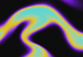 Close-up of abstract colorful wave patterns in teal, yellow, and purple sweeping across a dark background, evoking vibrant energy, creativity, motion, and modern digital art