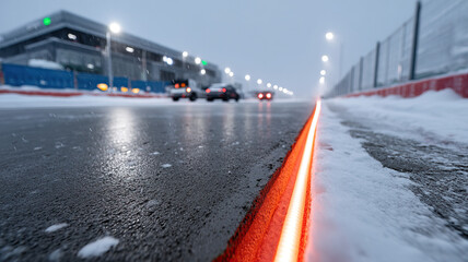 Heated orange cable glowing along snowy racetrack edge during cold rainy evening with blurred cars and pit buildings in background, moody low angle industrial scene