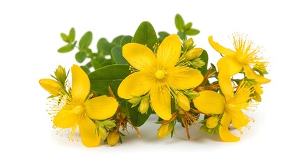 Fototapeta premium Bright yellow st johns wort flowers and green leaves