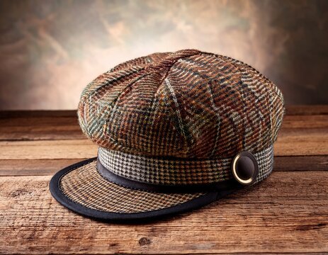 vintage tweed cap resting on wooden surface