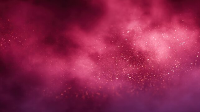 An ethereal background of swirling magenta and crimson smoke or dust, illuminated by numerous sparkling golden particles, a vibrant, mystical, and dreamy abstract texture, blurred red background