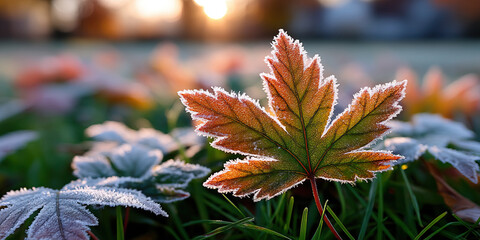 Frosted maple leaf with crystalline edge glowing at sunrise in dewy grass, autumn color contrast evoking chilly peaceful morning